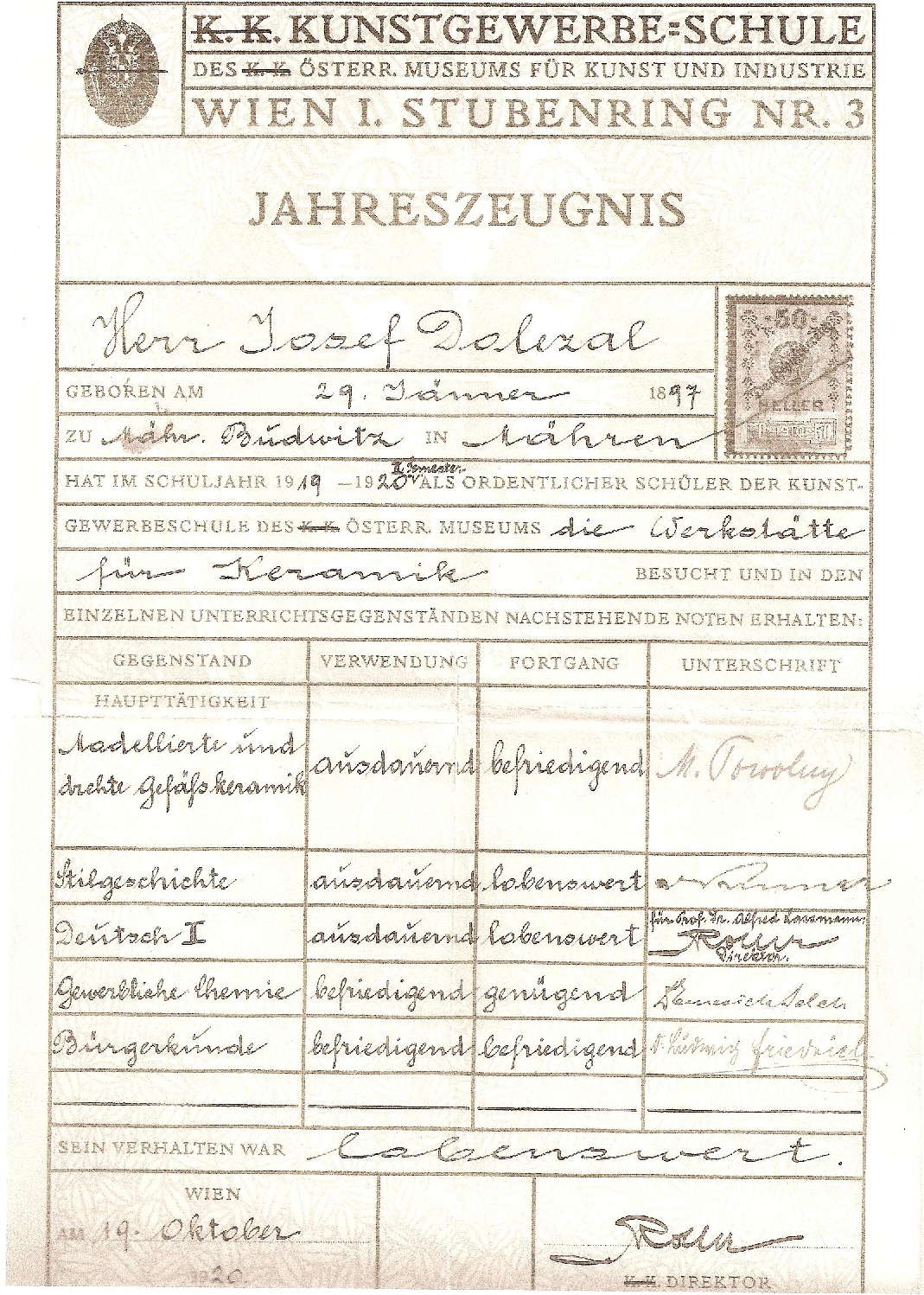 Kunstgewerbeschule Wien Jahreszeugnis 1919-1920